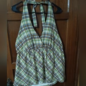 Merona Halter Earth Tones in Plaid, Green Brown & Yellow. XXL, 100% Cotton